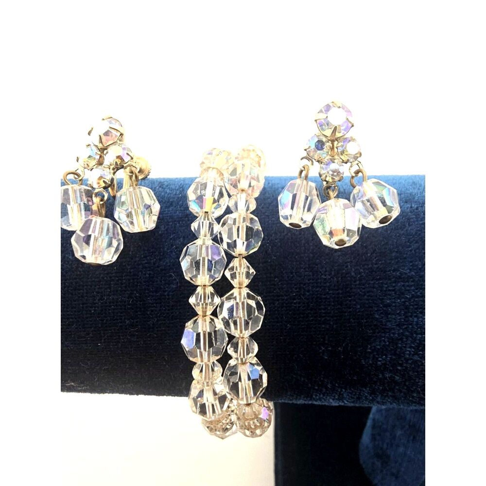 Vintage Aurora Borealis Bracelet & Screw Back Earrings Set AB Crystal Beads